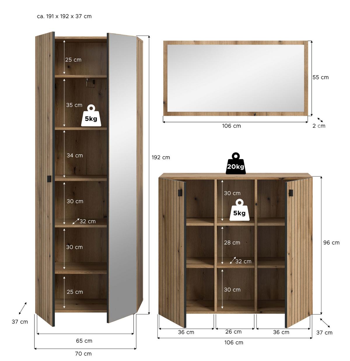GARDEROBEN-SET Evoke Eiche 3-teilig 191 cm, Garderobenkombination mit viel Stauraum - Schwarz/Eiche Artisan, Glas/Holzwerkstoff (191/192/37cm) - Inn.Furn
