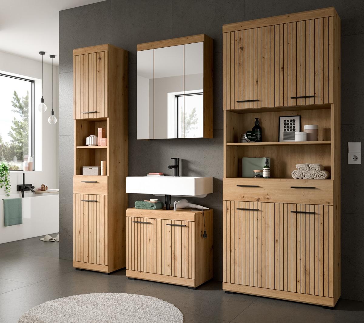 BADMÖBEL-SET Eiche Artisan 149 x 191 cm 3-teilig, Badkombination modernes Design - Schwarz/Eiche Artisan, Glas/Holzwerkstoff (149/191/34cm) - Inn.Furn