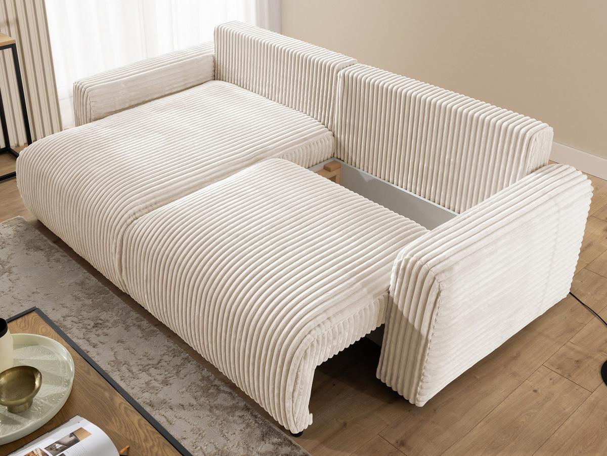 ECKSOFA Calma mit Schlaffunktion und Bettkasten im Bumpy-Design aus weichem Creme Plüschcord - Ottomane links - Creme/Schwarz, Holz/Kunststoff (239/140cm) - S-Style