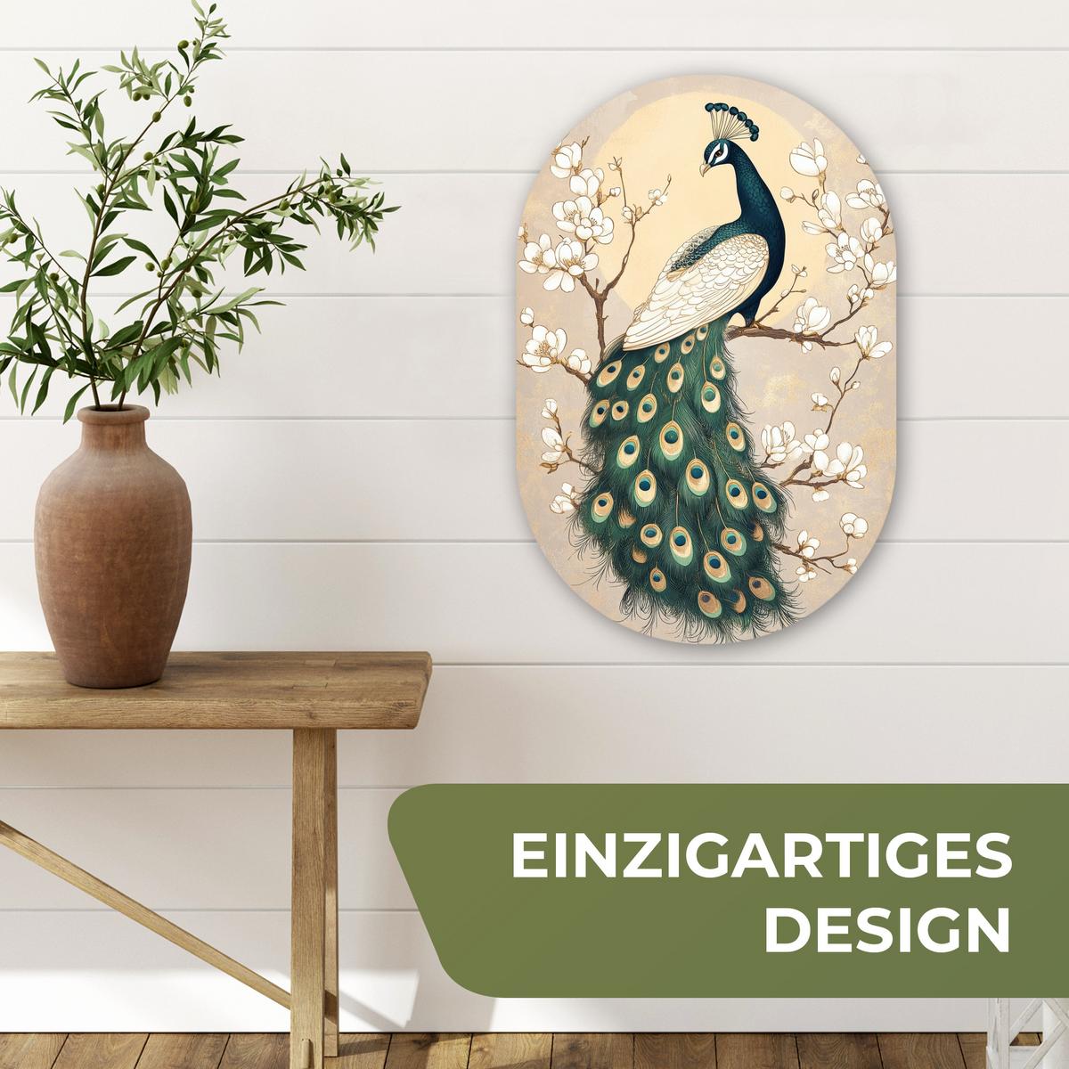 WANDBILD Pfau - Zweig - Blumen Deko Wohnzimmer 40x60 cm - Champagner, Kunststoff (40/60cm) - MuchoWow