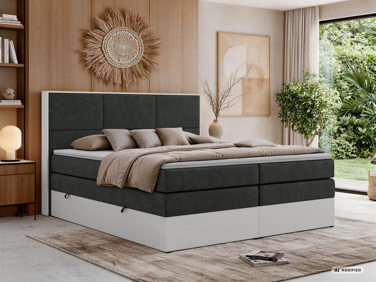 BOXSPRINGBETT DELVIT KING 200/200 - Dunkelgrau Stukture - Topper Visco - H4 - Dunkelgrau/Schwarz, Kunststoff/Textil (200/200cm) - MKS