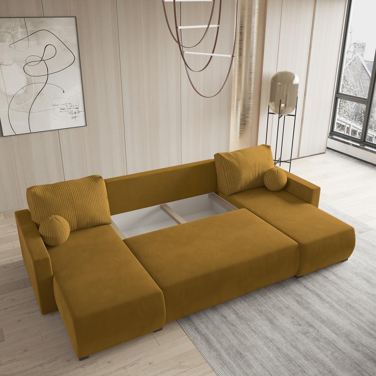 WOHNLANDSCHAFT TESSUN Gelb Plüsch-Stoff mit Schlaffunktion - Gelb, Holz (286/85/143cm) - MASSENO