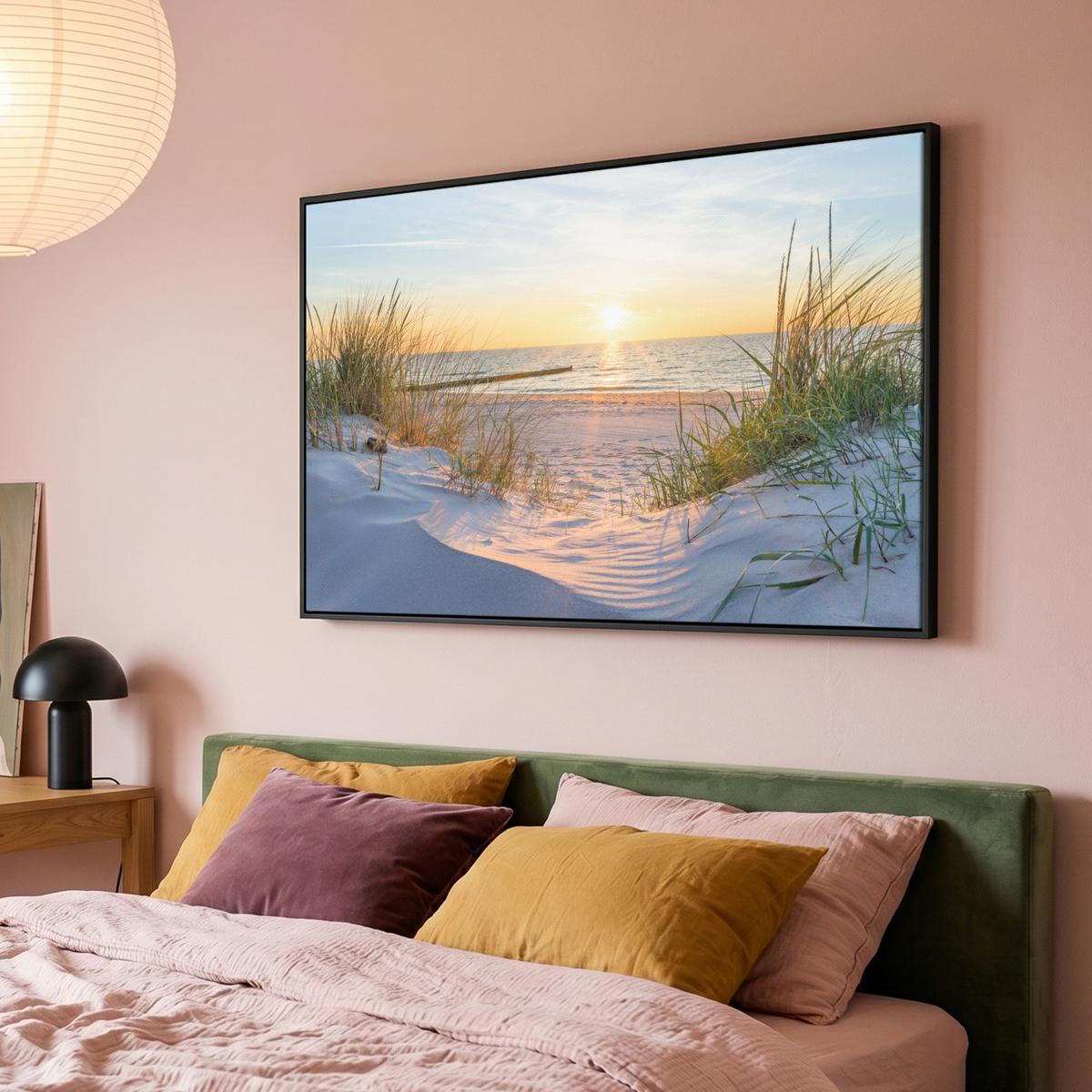LEINWAND Bilder mit Rahmen - Strand - Sonne - Düne - Gras - Sand - Horizont - 140x90 - Hellblau, Textil (140/90cm) - MuchoWow