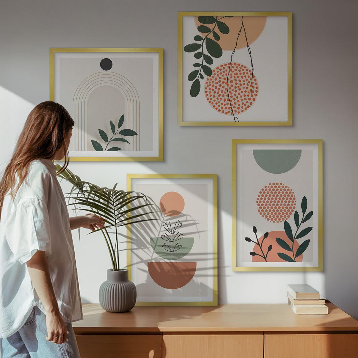 BILDER SET 4er Set - 50x50 cm & 40x60 cm Goldrahmen - Moderne Pflanzenmotive - Goldfarben, Kunststoff (50/50cm) - TULUP