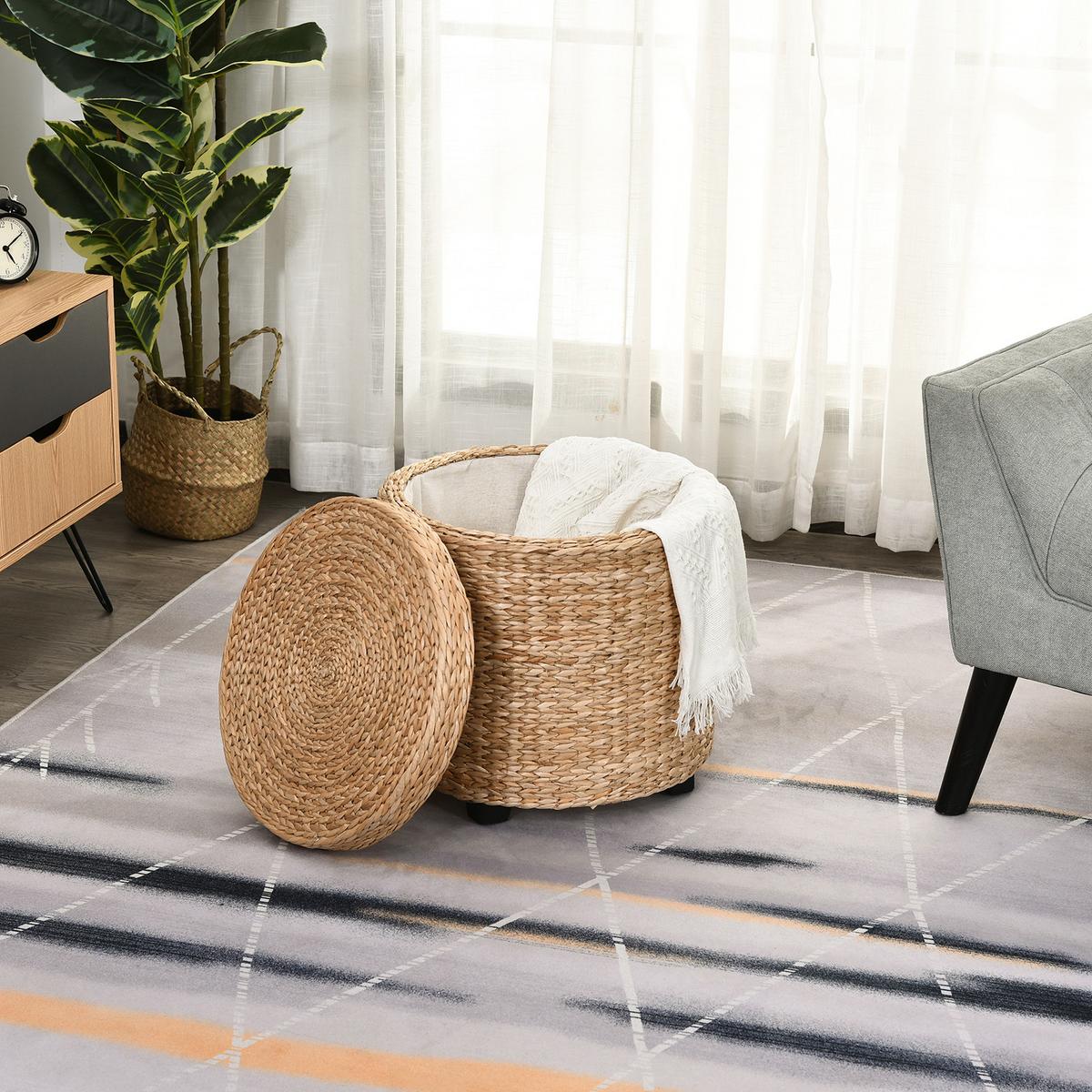SITZHOCKER mit Stauraum Fußhocker Aufbewahrungsbox Stroh Rattan Khaki - Beige/Schwarz, Holz/Papier (43/43/43cm) - HOMCOM