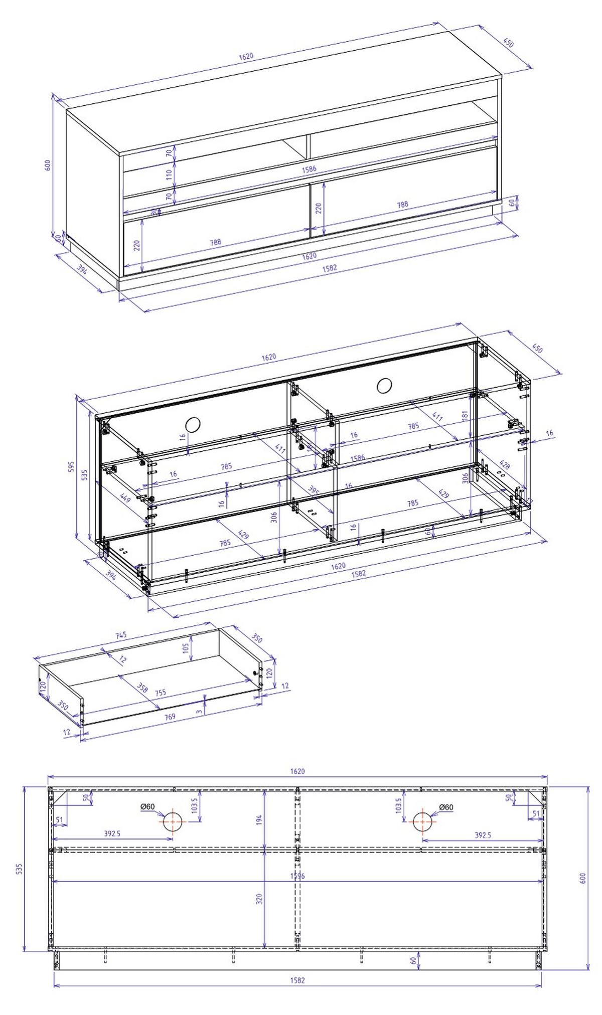 TV-LOWBOARD Kaschmir, Eiche Artisan 162 cm, TV Unterteil mit Schubkästen - Kaschmir/Eiche Artisan, Holzwerkstoff/Metall (162/60/45cm) - Furn.Design