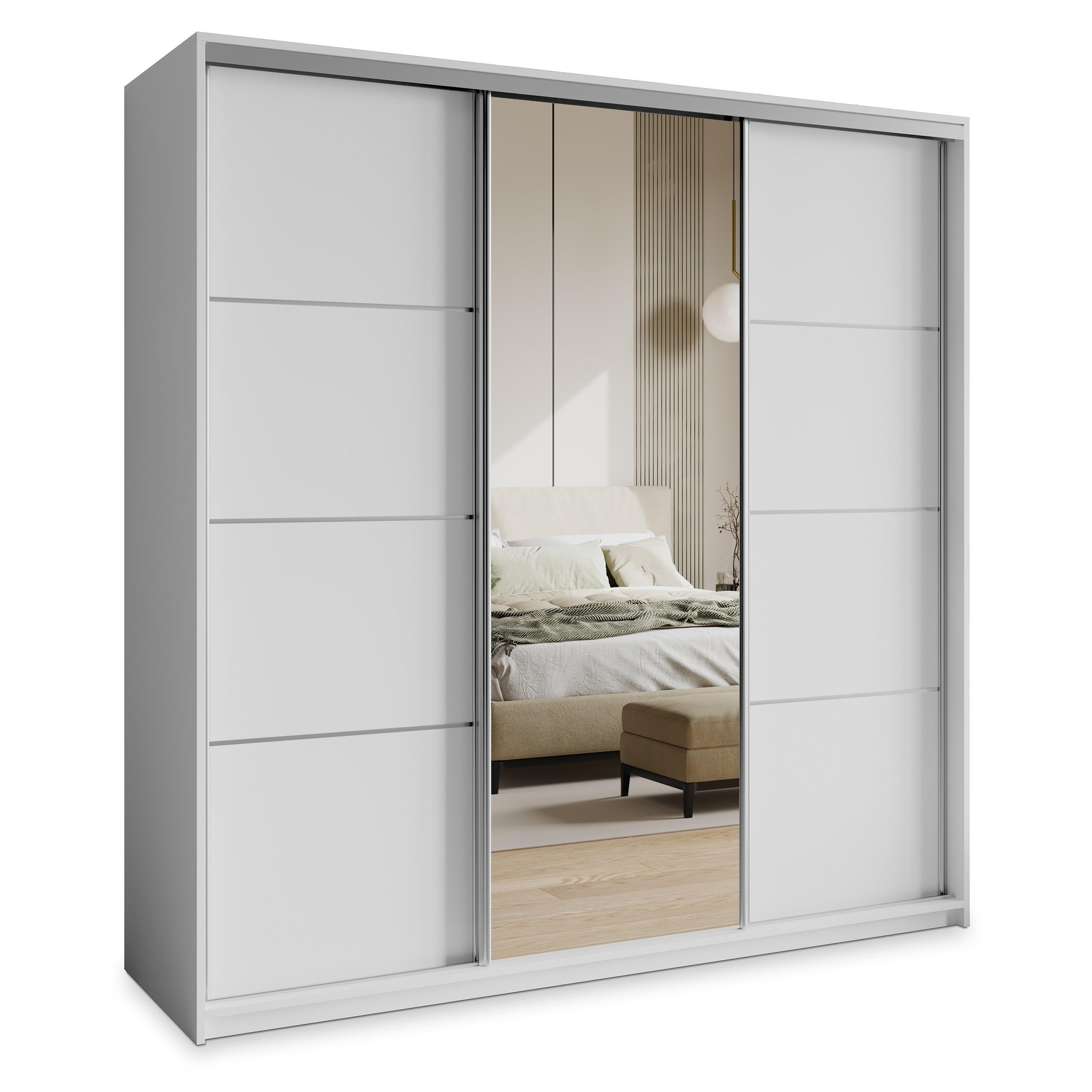 SCHWEBETÜRENSCHRANK VARO 180/205/60 cm 3-türig mit Spiegel und Schubladen Weiß - Weiß/Nickelfarben, Holzwerkstoff (180/205/60cm) - MASSENO