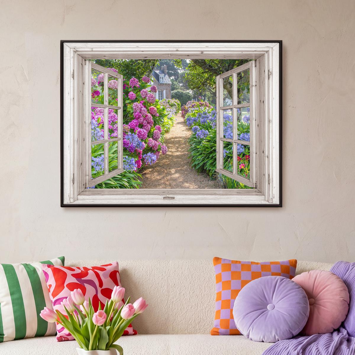 LEINWAND Bilder mit Rahmen - Hortensie - Durchsichtig - Blumen - Sommer - Lila - Weg - 100x70 - Lila, Textil (100/70cm) - MuchoWow
