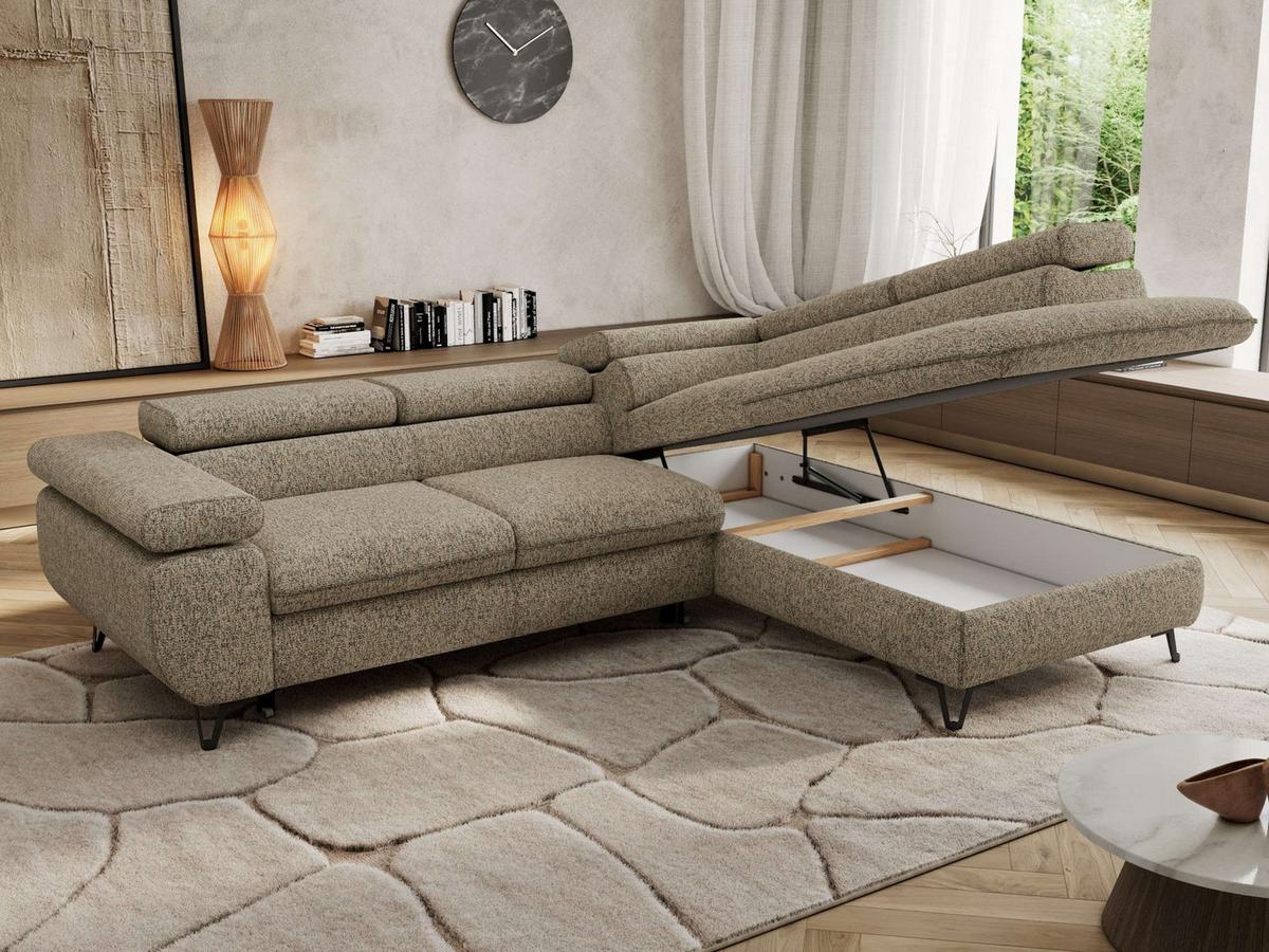ECKSOFA PABLO L Dunkelbeige Struktur - Rechts Seite - Greige/Schwarz, Textil/Metall (273/208cm) - MKS