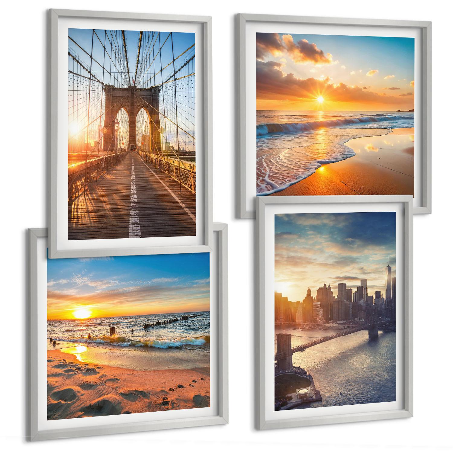 BILDER SET 4er Set - 50x50 cm & 40x60 cm Silberner Rahmen - Brücken, Sonnenuntergänge, Stadt - Silberfarben, Kunststoff (50/50cm) - TULUP