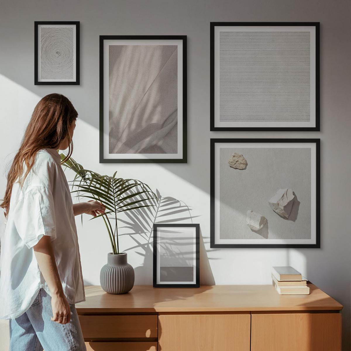 BILDER SET 5er Set - 50x50 cm & 20x30 cm & 40x60 cm Schwarzer Rahmen - Zarte Boho-Texturen der Natur - Schwarz, Kunststoff (40/60cm) - TULUP