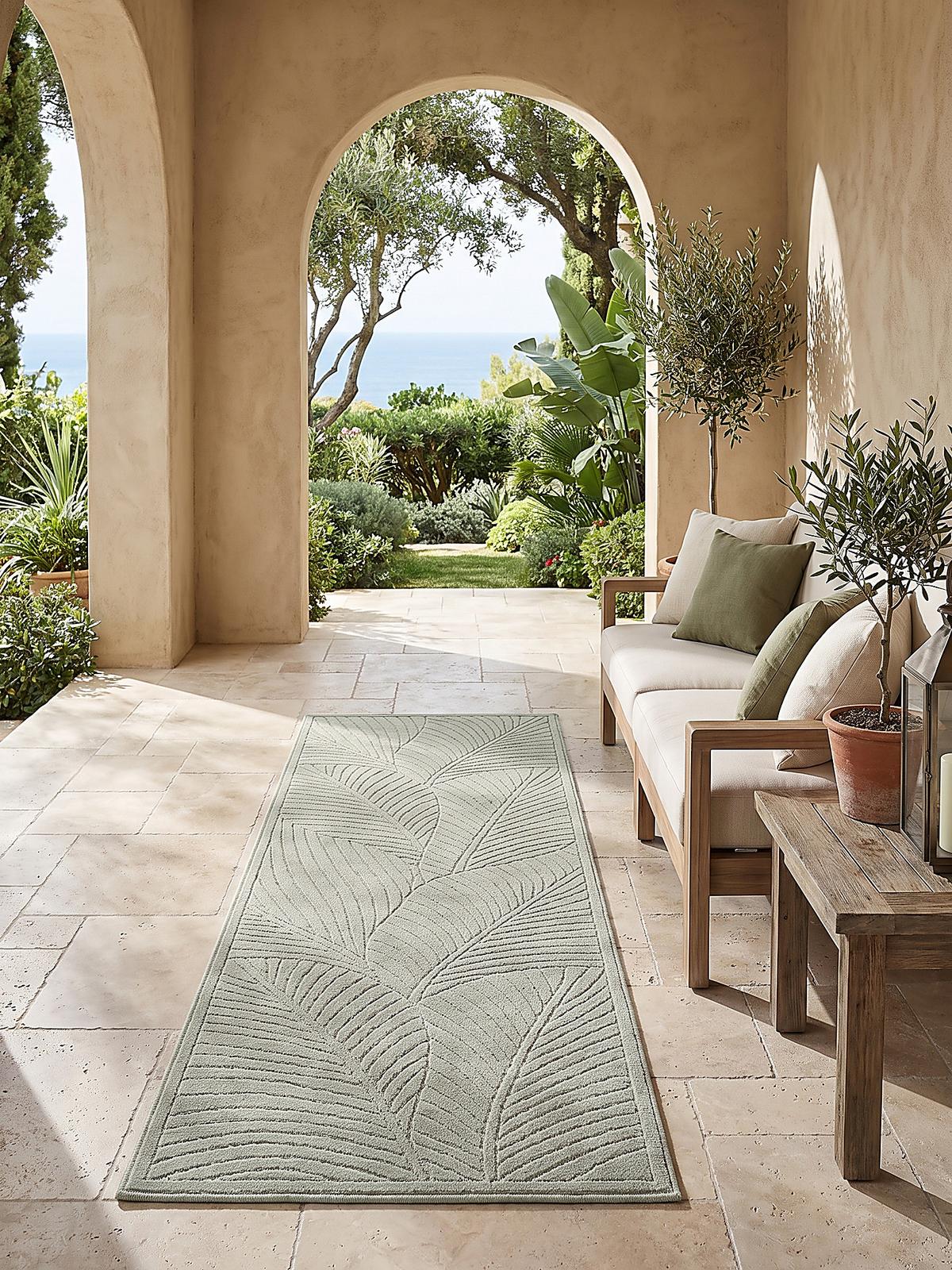 LÄUFER Outdoor, Fußbodenheizung-geeignet, mit Blattmotiv, ENGADIN in Salbeigrün, 80 x 150 cm - Grün, Textil (80/150cm) - KADIMA DESIGN