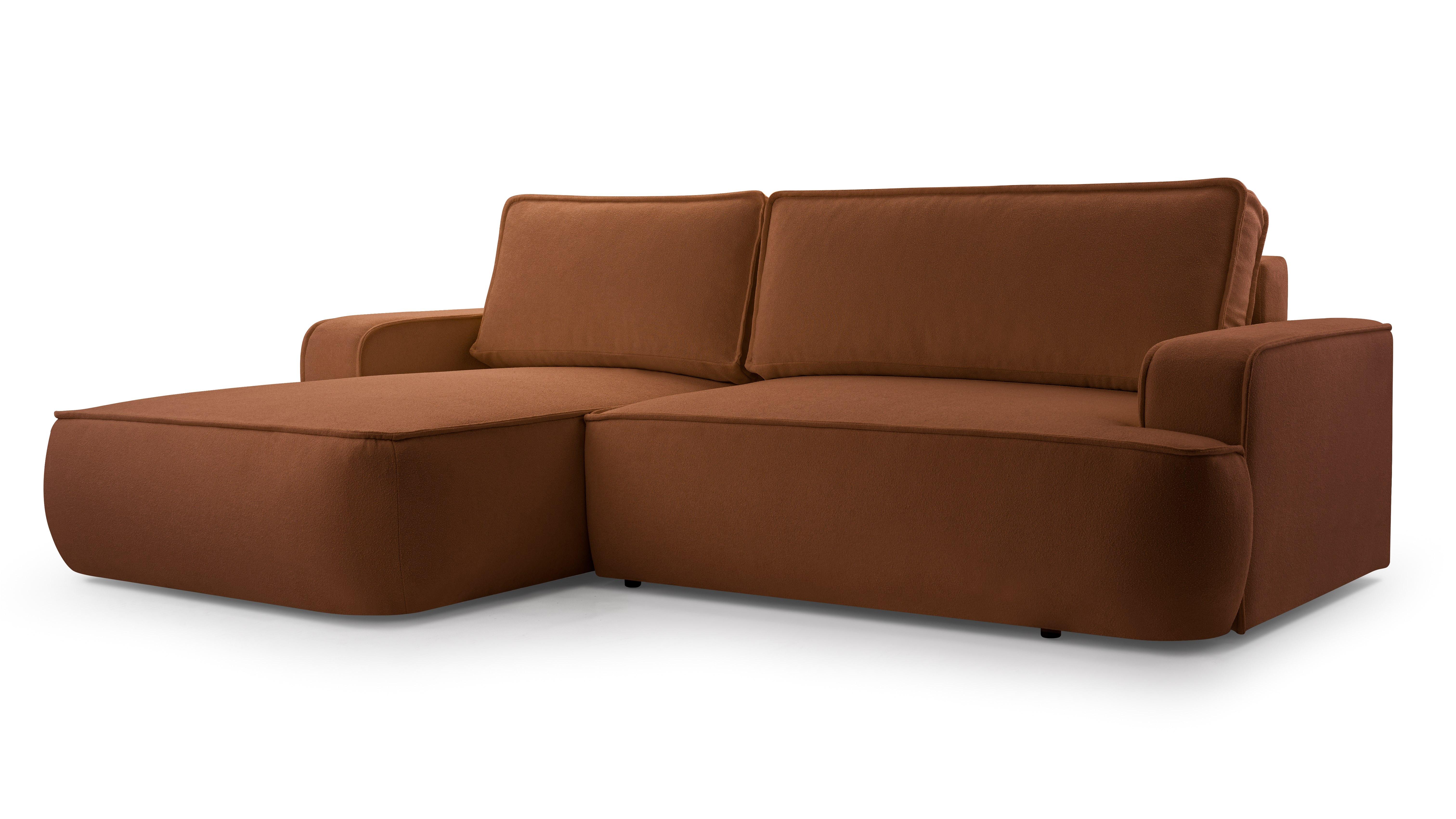 ECKSOFA SOLO Orange Boucle-Stoff mit Schlaffunktion - Orange, Holz (260/168cm) - MASSENO