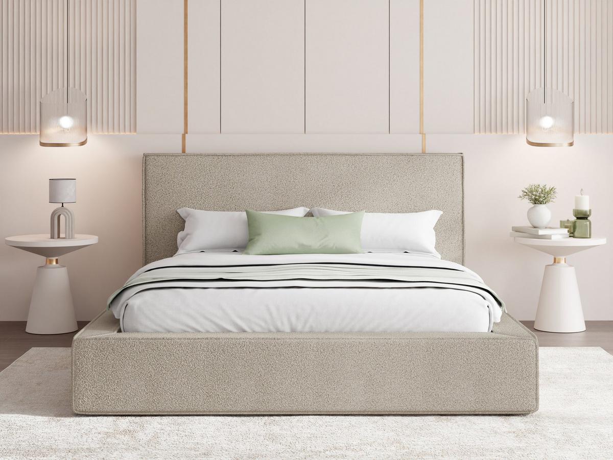 POLSTERBETT Merlin mit Bettkasten, Metall-Lattenrost & hohem Kopfteil in Beige Bouclé 140x200 cm - Beige/Birkefarben, Kunststoff/Textil (140/200cm) - WFL GROUP