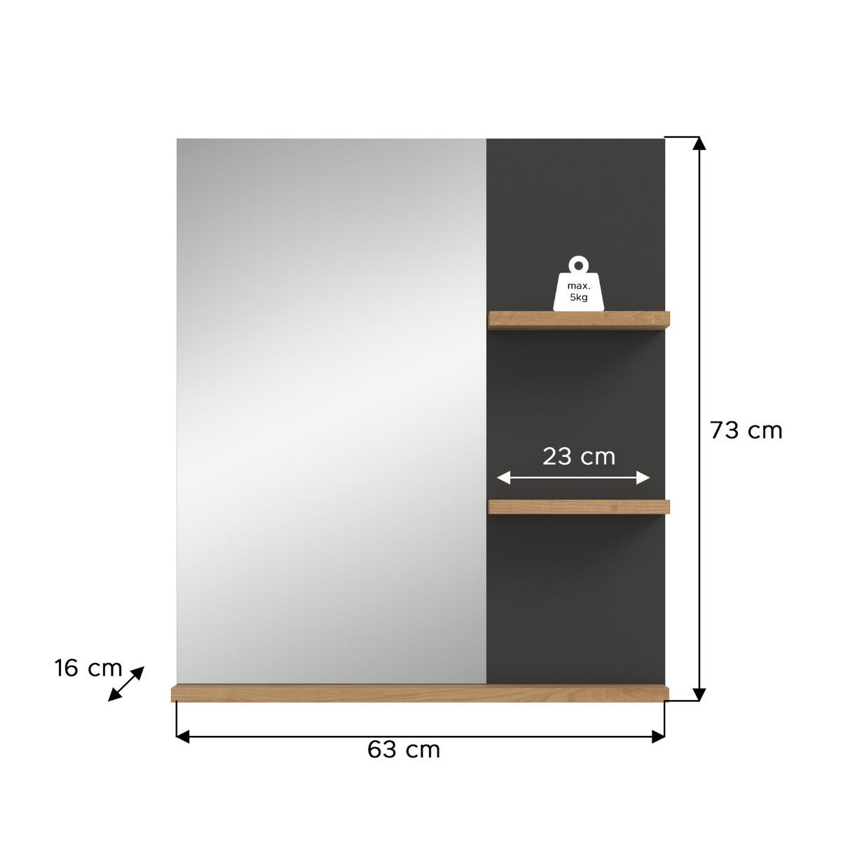 SPIEGEL mit 3 Ablagen in Eichen- und Grau-Optik 16/73/63 cm - Eschefarben, Holzwerkstoff (16/73/46cm) - Calicosy
