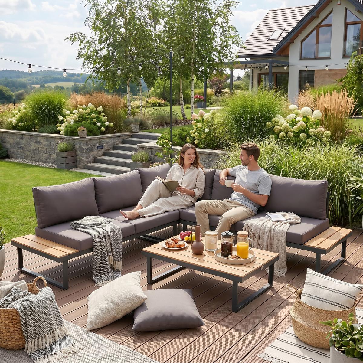 GARTENSET Madison mit Ecksofa und Kaffeetisch, Modulares Set, Metallbeine, Dunkelgrau - Dunkelgrau, Metall - Beautysofa