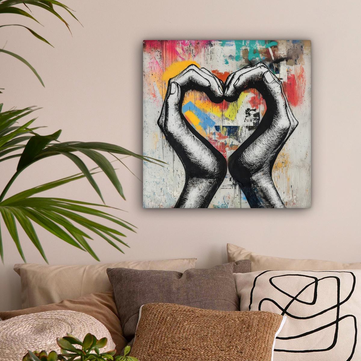 LEINWANDBILD Hände - Herz - Straßenkunst - Graffiti Wandbild Wohnzimmer 50x50 cm - Multicolor, Textil (50/50cm) - MuchoWow