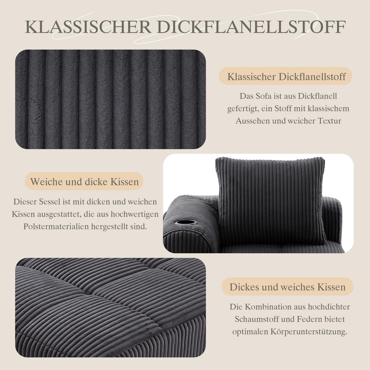 CHAISELONGUE in Cord (158 cm) mit Getränkehalter & Seitentaschen - Dunkelgrau, Textil (158/61/93cm) - Urban Meuble