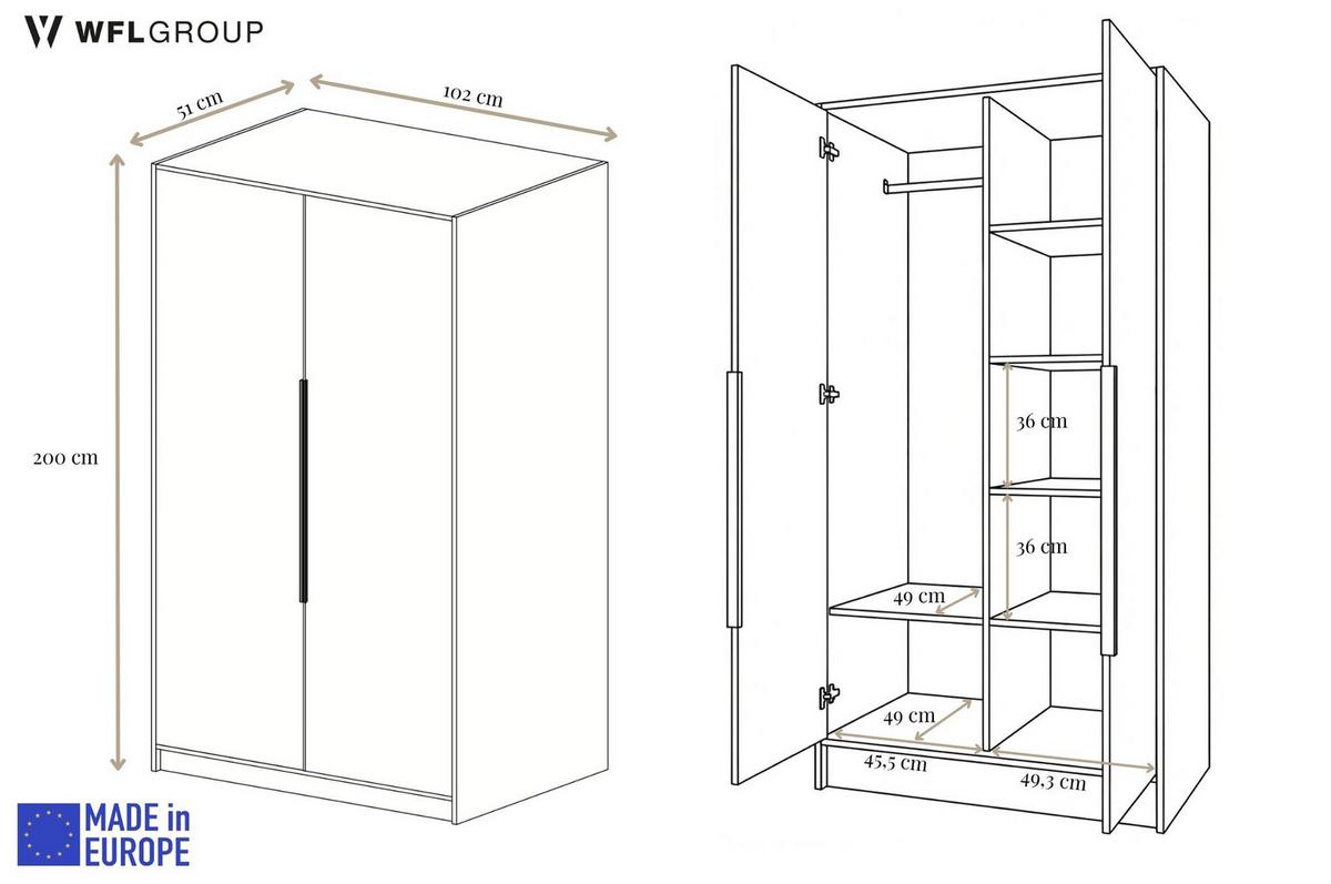 KLEIDERSCHRANK Mono Lux mit Speigel, Drehtüren mit Schwarze Metallgriffe, Weiß 102/200/51 cm - Schwarz/Weiß, Holzwerkstoff (102/200/51cm) - WFL GROUP