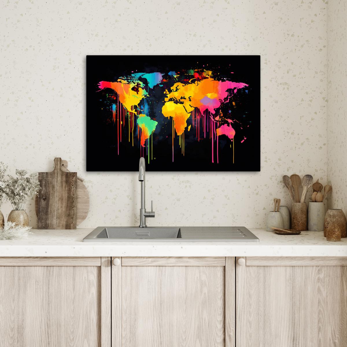 LEINWANDBILD Weltkarte - Farbe - Bunt - Graffiti - Welt Gemälde 60x40 cm - Multicolor, Textil (60/40cm) - MuchoWow
