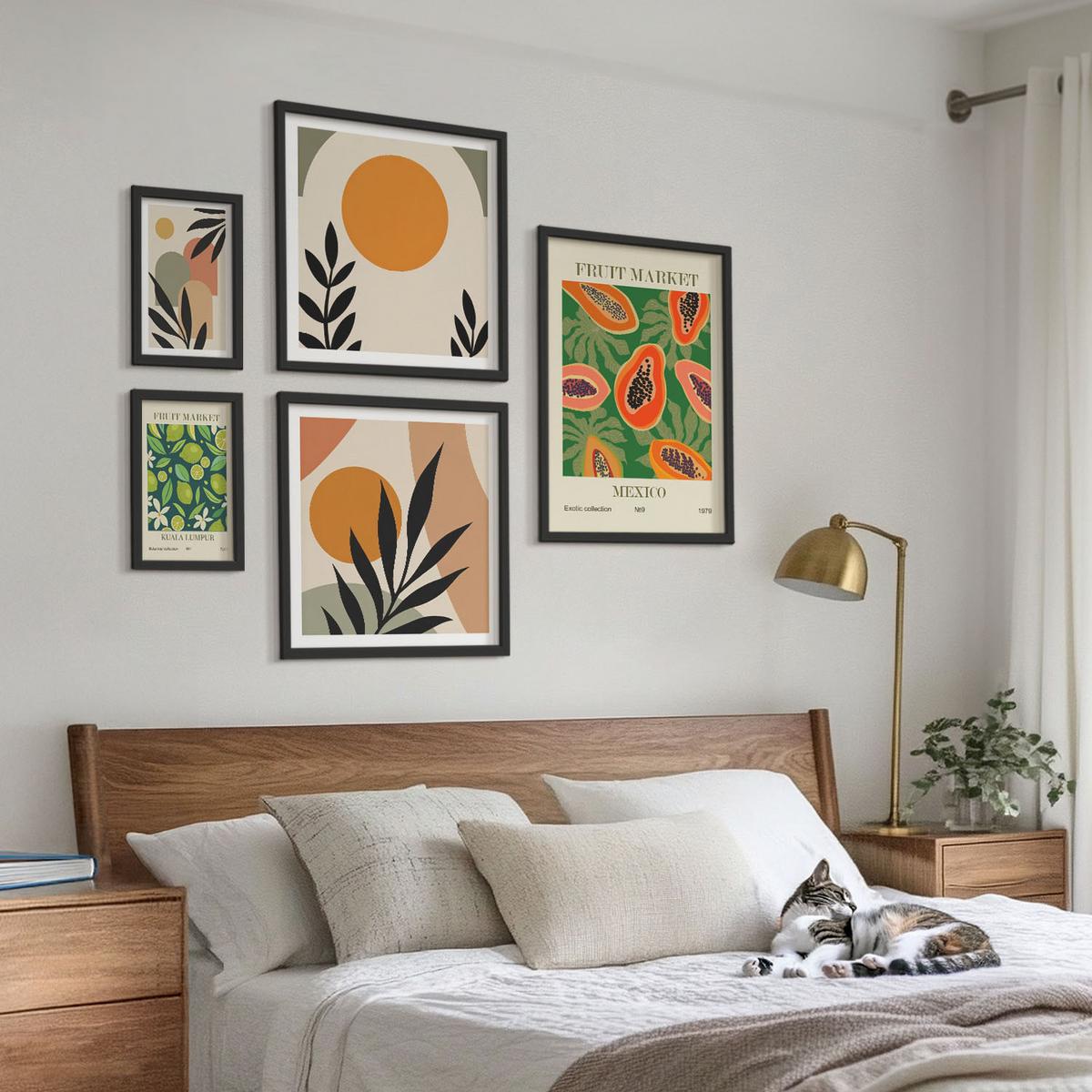 BILDER SET 5er Set - 50x50 cm & 20x30 cm & 40x60 cm Schwarzer Rahmen - Fruchtmuster der italienischen Kultur - Schwarz, Kunststoff (40/60cm) - TULUP