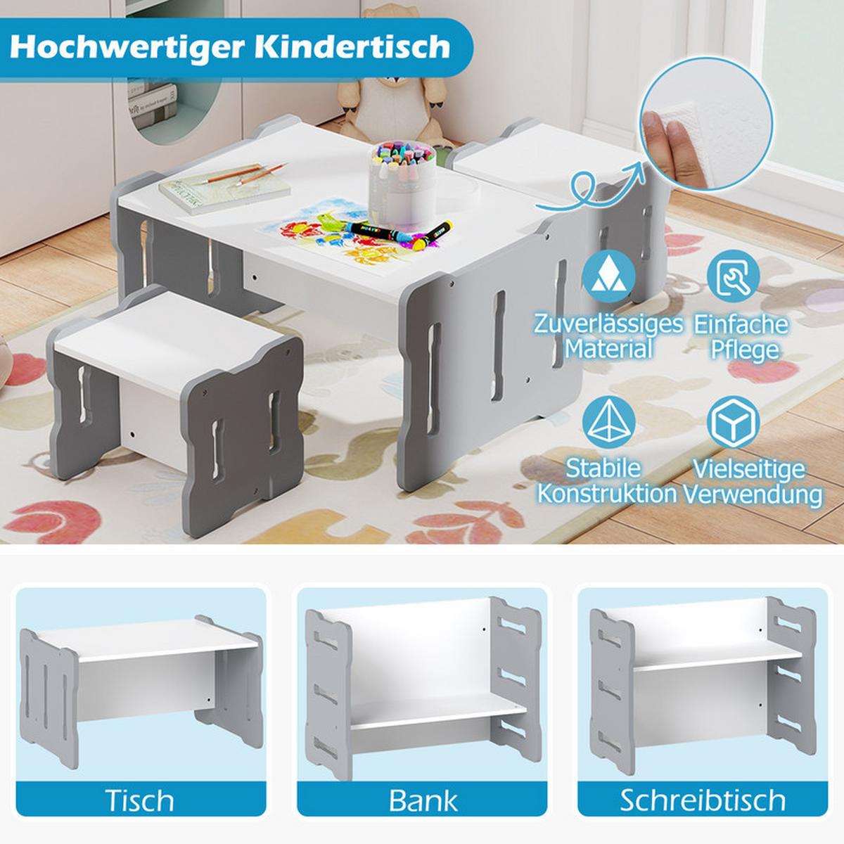 KINDERTISCH mit 2 Stühlen grau(3-tlg) - Grau, Holzwerkstoff (68/52/39cm) - COSTWAY
