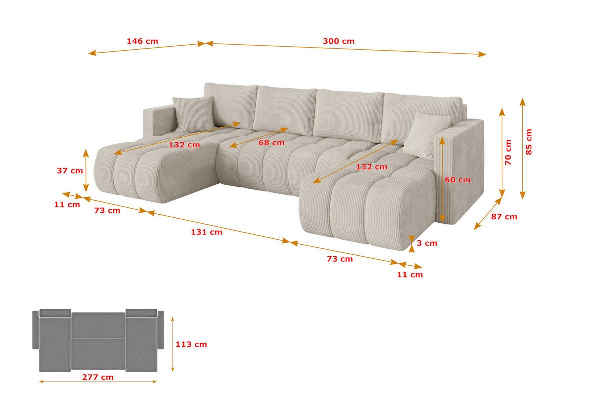 WOHNLANDSCHAFT mit Schlaffunktion und Bettkasten GARD-U 300x146x85 Creme Cord - Ecru/Creme, Holzwerkstoff/Kunststoff (300/85/146cm) - ALTDECOR