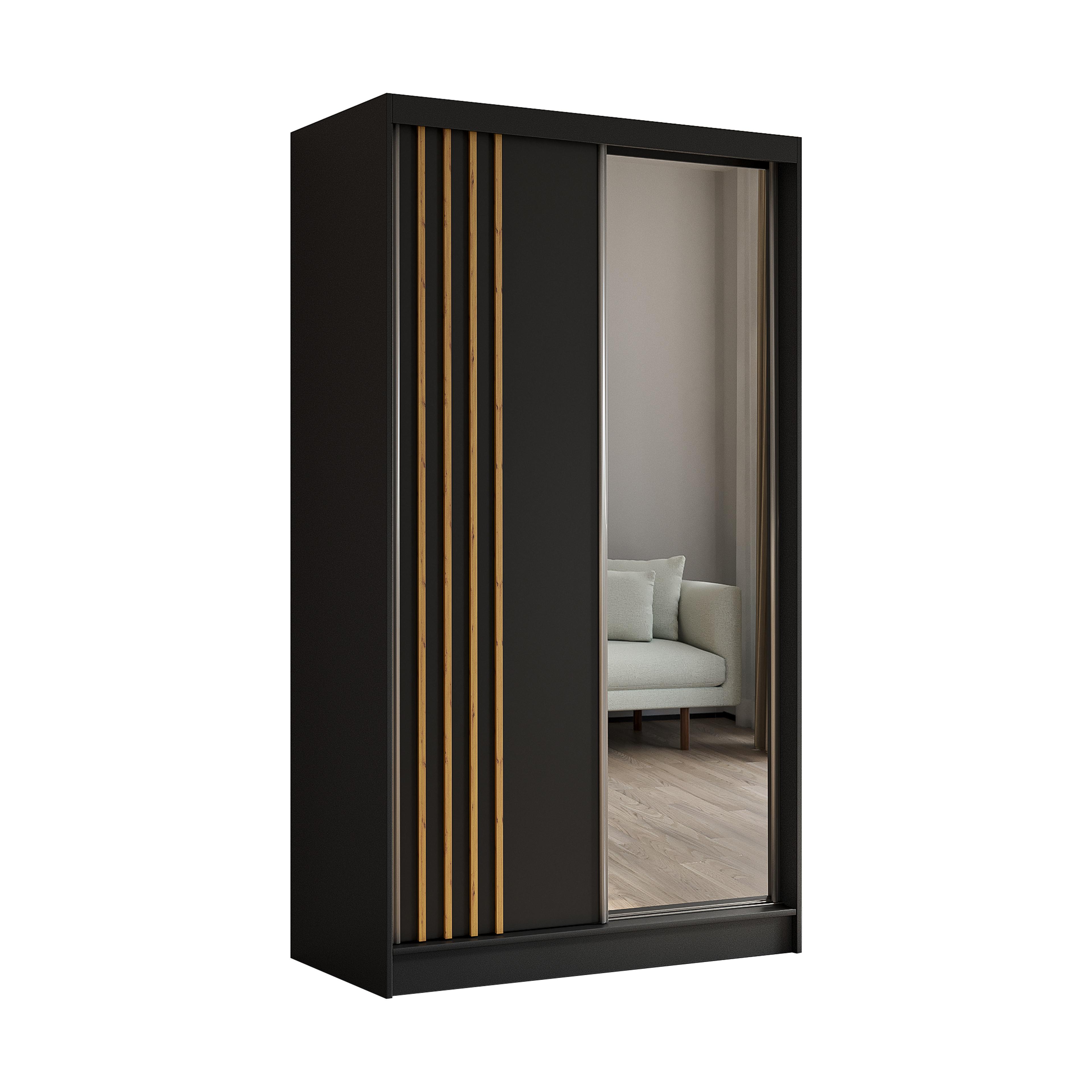 KLEIDERSCHRANK mit Spiegel-Schiebetüren und Aluminium-Leisten - NALLA - 120 cm Schwarz+Schwarz+Artisan - Anthrazit/Eiche Artisan, Holzwerkstoff (120/216/61cm) - ALTDECOR