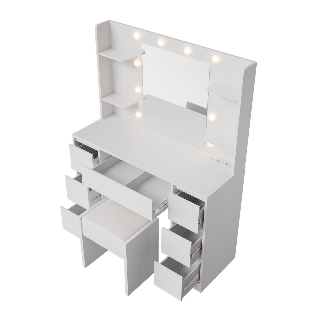 SCHMINKTISCH Malia mit LED und Hocker Melly - Weiß, Holz (107/140/40cm) - Juskys