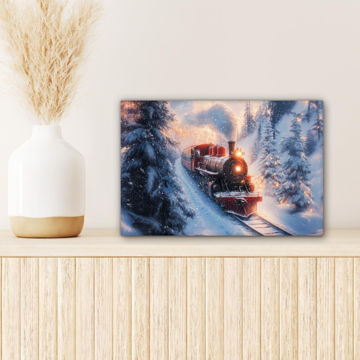 LEINWANDBILD Weihnachtszug - Schnee - Winter - Weihnachten Deko Schlafzimmer 30x20 cm - Dunkelrot, Textil (30/20cm) - MuchoWow