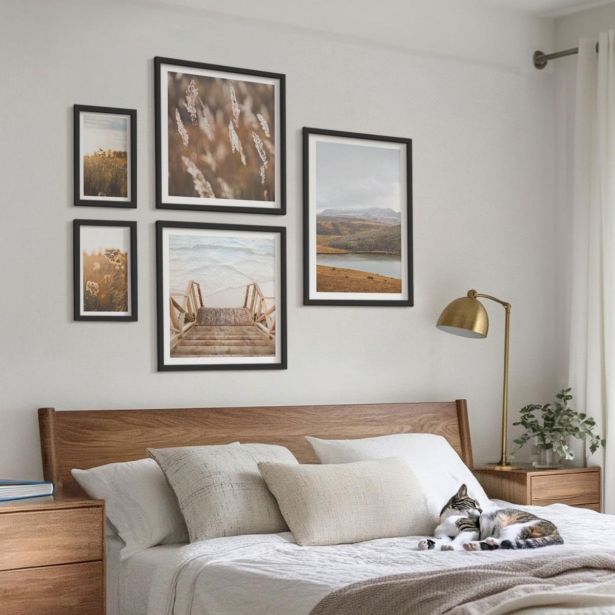 BILDER SET 5er Set - 50x50 cm & 20x30 cm & 40x60 cm Schwarzer Rahmen - Landschaften Wiesen Berge See - Schwarz, Kunststoff (40/60cm) - TULUP