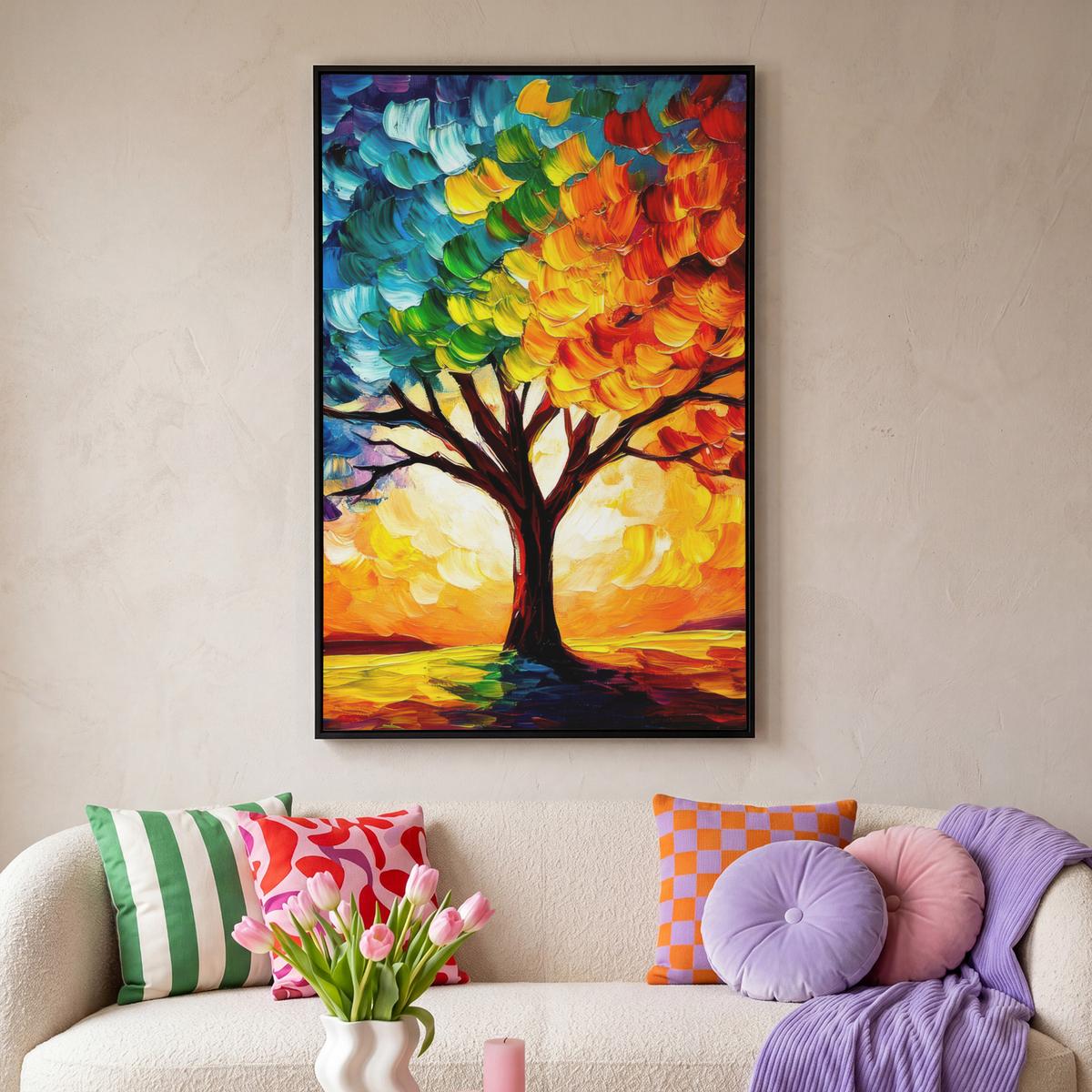 LEINWAND Bilder mit Rahmen - Baum - Kunst - Natur - Sonnenuntergang - 80x120 - Multicolor, Textil (80/120cm) - MuchoWow