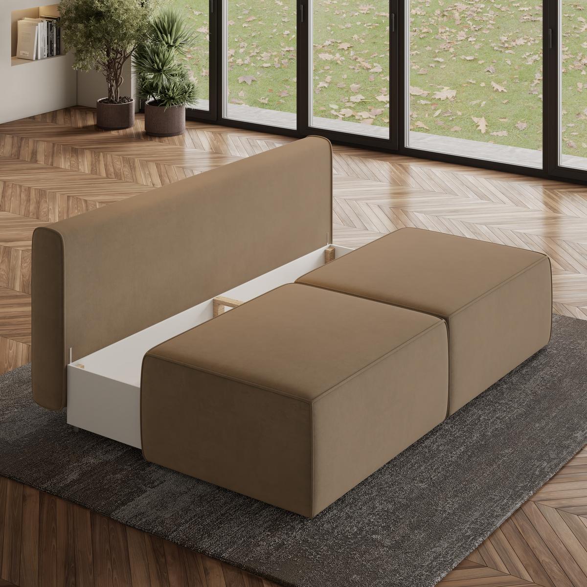 ECKSOFA VARNA M Beige Velours-Stoff mit Schlaffunktion - Beige/Grau, Holz/Kunststoff (196/158cm) - MASSENO