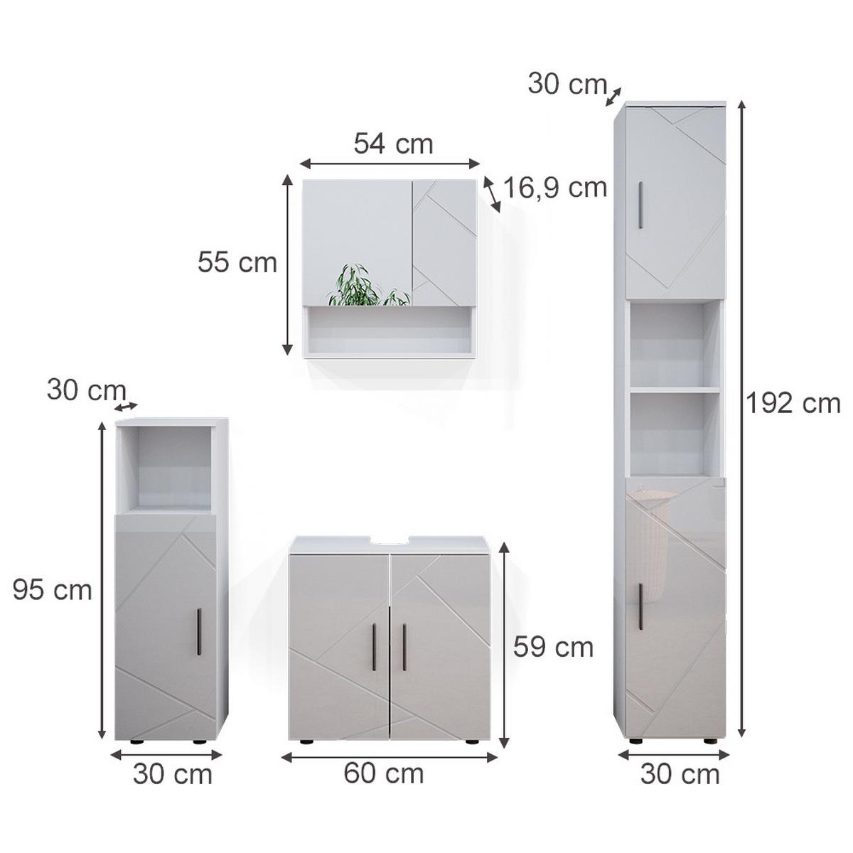 BADMÖBEL-SET Ronco Weiß Hochglanz 4 Teile, mit Hochschrank - Weiß Hochglanz, Holzwerkstoff (60/192/30cm) - Livinity®