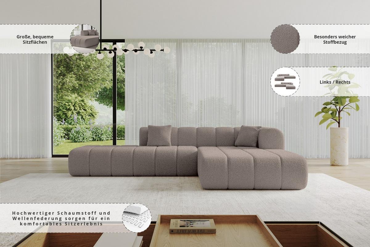 ECKSOFA Ottomane Rechts BILA-L 289x176x71 Braun Bouclé - Schwarz/Braun, Holzwerkstoff/Kunststoff (289/176cm) - ALTDECOR