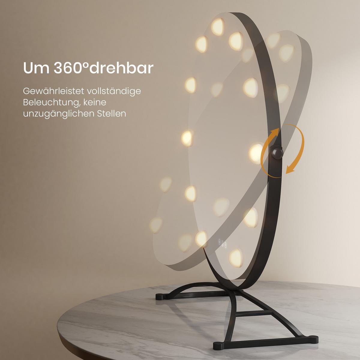 SCHMINKSPIEGEL Runder mit Beleuchtung Schwarz 58/51/2,1 cm - Schwarz, Glas/Metall (50/58/2.1cm) - EMKE