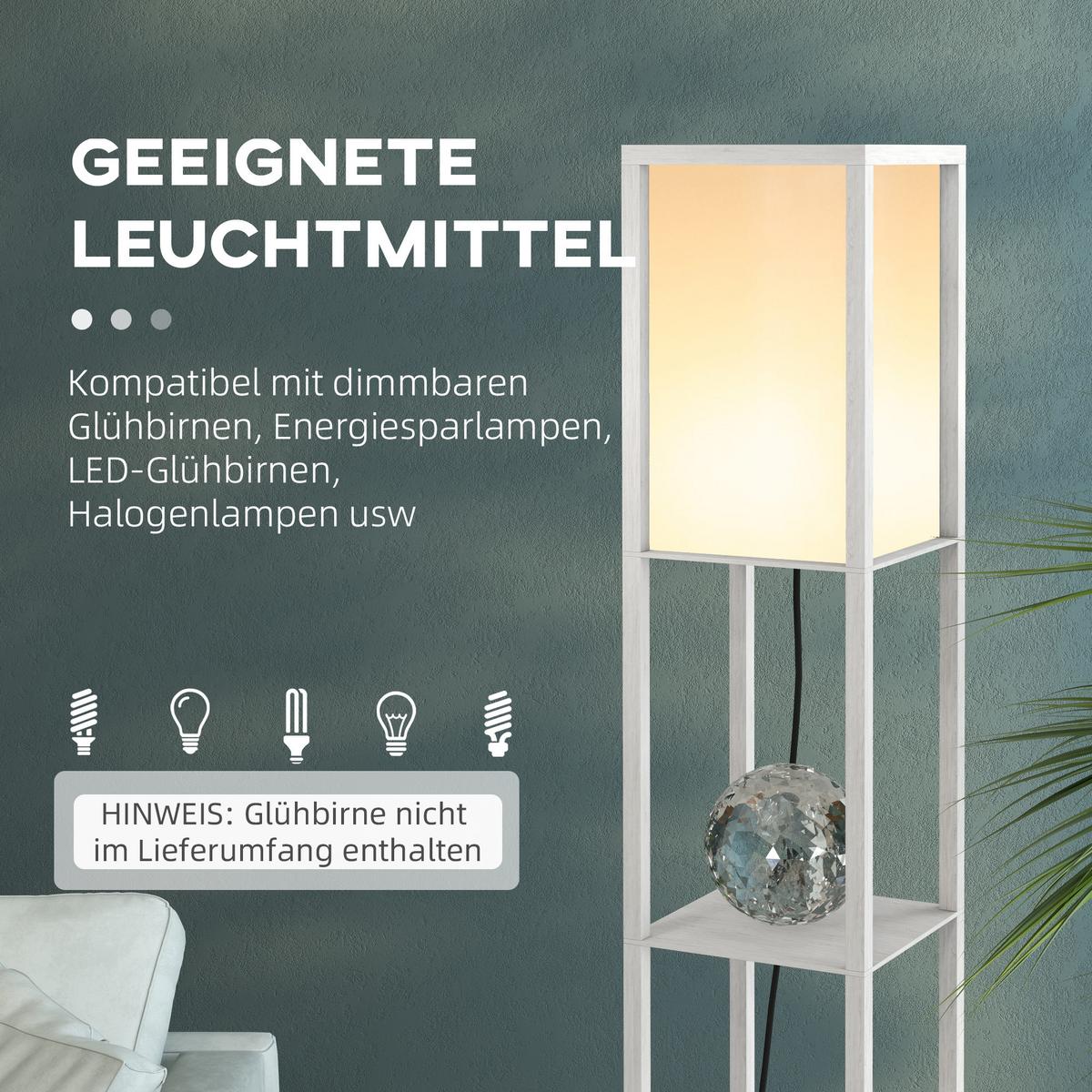 STEHLEUCHTE Beleuchtung mit 3 Regalen E27 bis 40W E1-MDF Weiß - Weiß, Textil (26/26/160cm) - HOMCOM