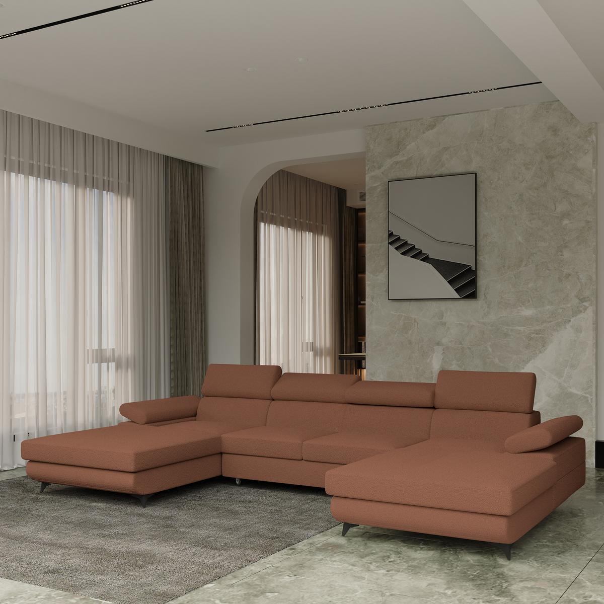 WOHNLANDSCHAFT DETTI Kupferfarben Boucle-Stoff mit Schlaffunktion - Kupferfarben, Holz (339/89/190cm) - MASSENO