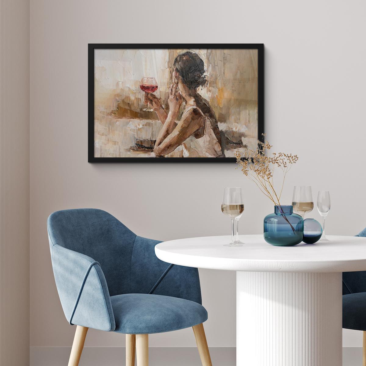 POSTER MIT RAHMENGERAHMTES BILD Ölgemälde - Frau - Wein 60x40 cm - Hellbraun, Papier (60/40cm) - MuchoWow