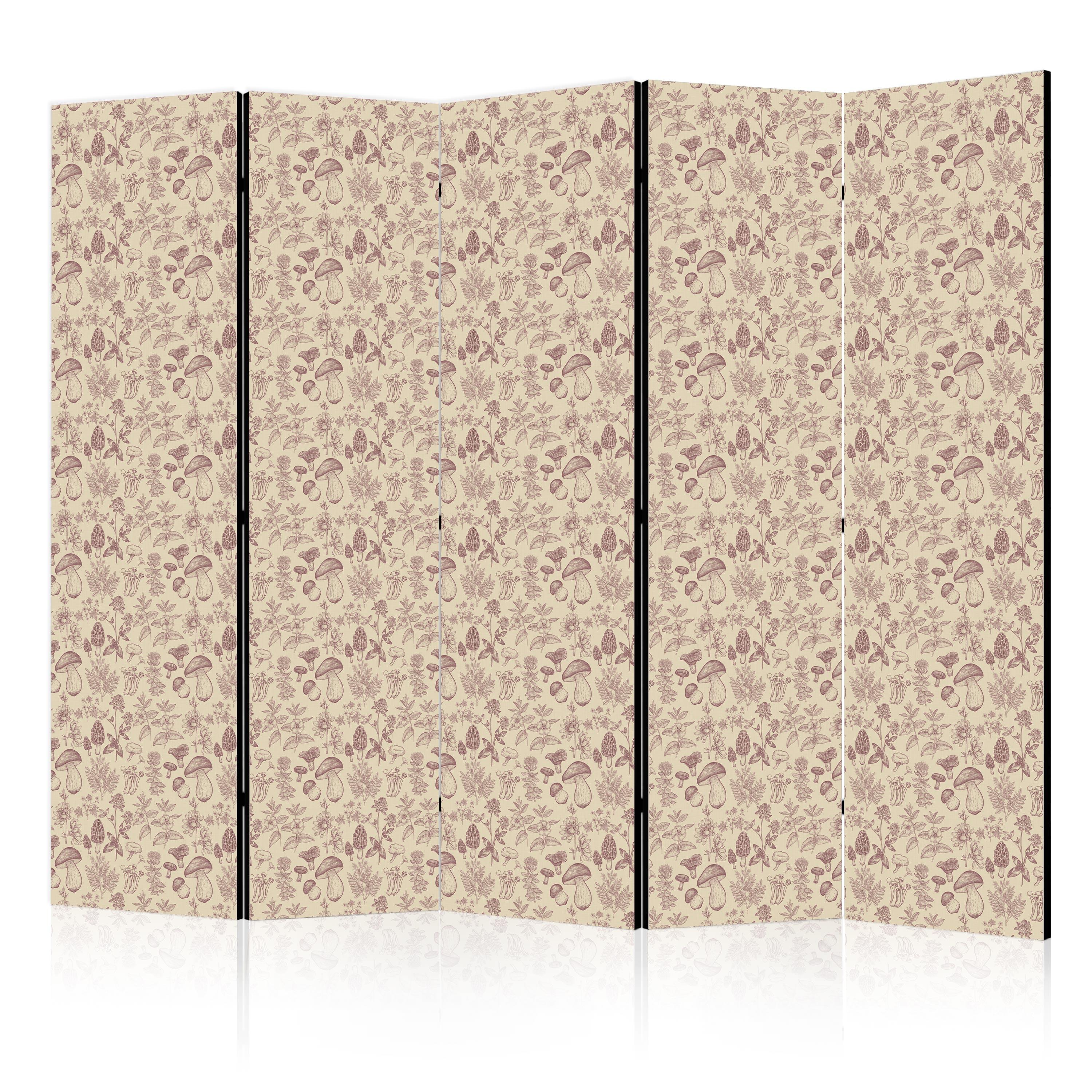 PARAVENT Einseitig Bedruckter 5-tlg 225x172 cm Boho Blumen und Pilze - Braun, Holz/Textil (225/172/3cm) - Muralo