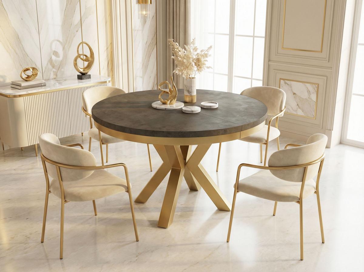 ESSTISCH Clara Gold runder ausziehbarer, Dunkelgrauer Chicago Beton 100-180/100/76 cm - Dunkelgrau/Goldfarben, Holzwerkstoff/Metall (100/176/76cm) - WFL GROUP