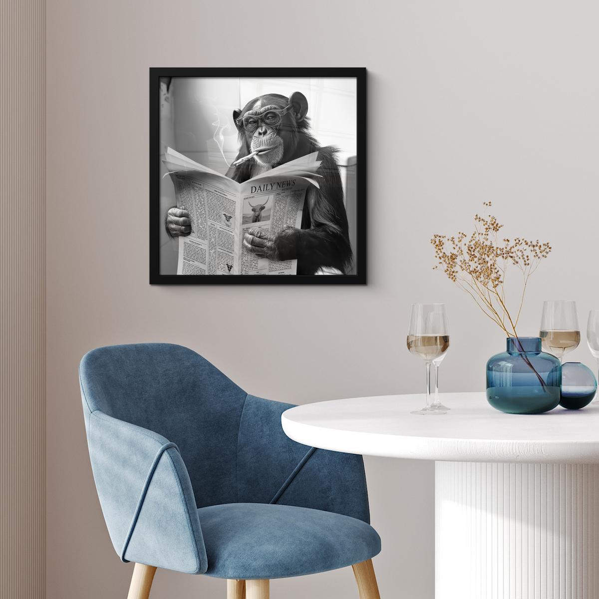 POSTER MIT RAHMENGERAHMTES BILD Affe - WC - Zeitung - Schwarz-Weiß - Humor 40x40 cm - Hellgrau, Papier (40/40cm) - MuchoWow