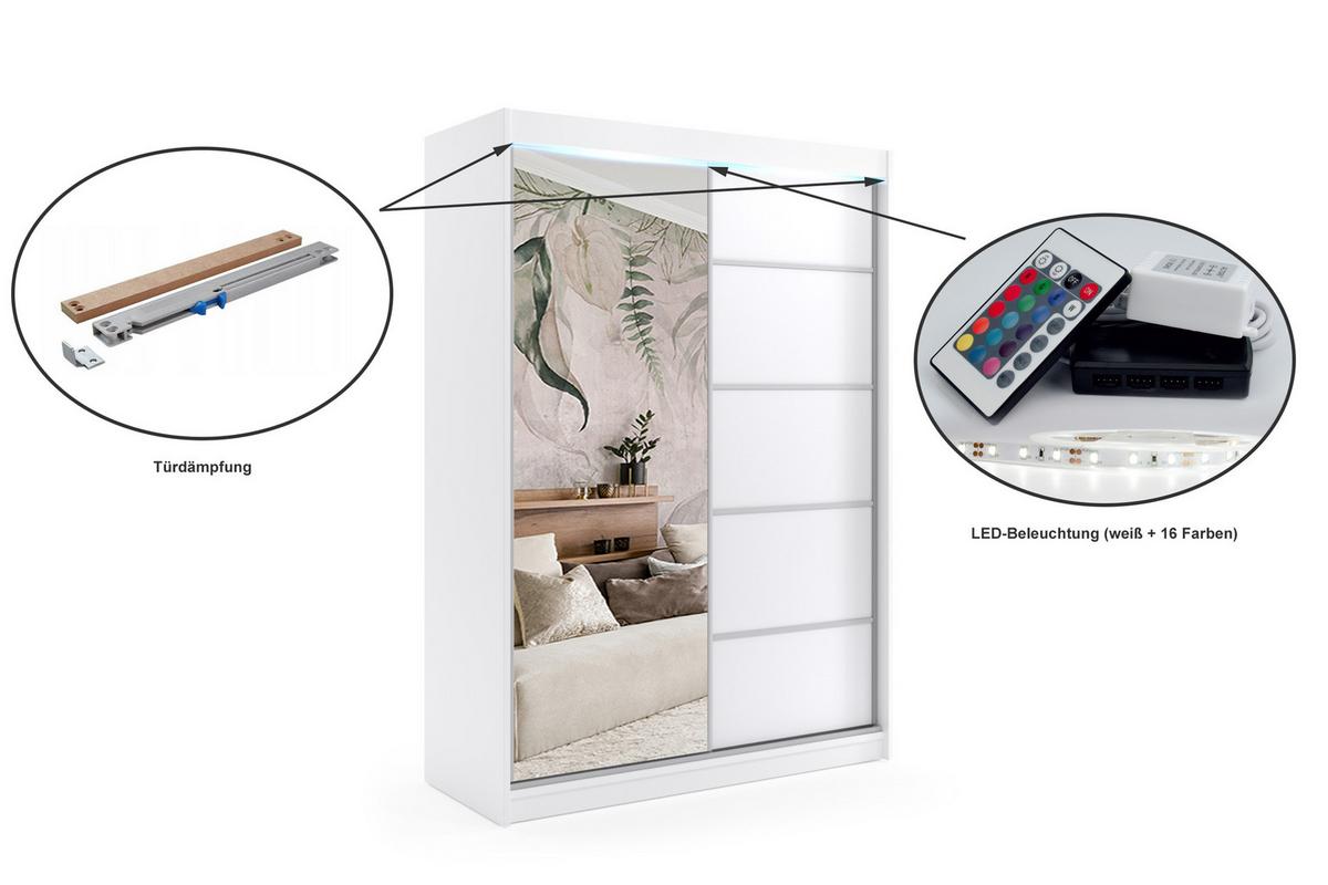 KLEIDERSCHRANK mit Spiegel-Schiebetüren und Aluminium-Leisten, LED-Beleuchtung - MAKI - 120 cm Weiß - Weiß, Holzwerkstoff (120/216/61cm) - ALTDECOR
