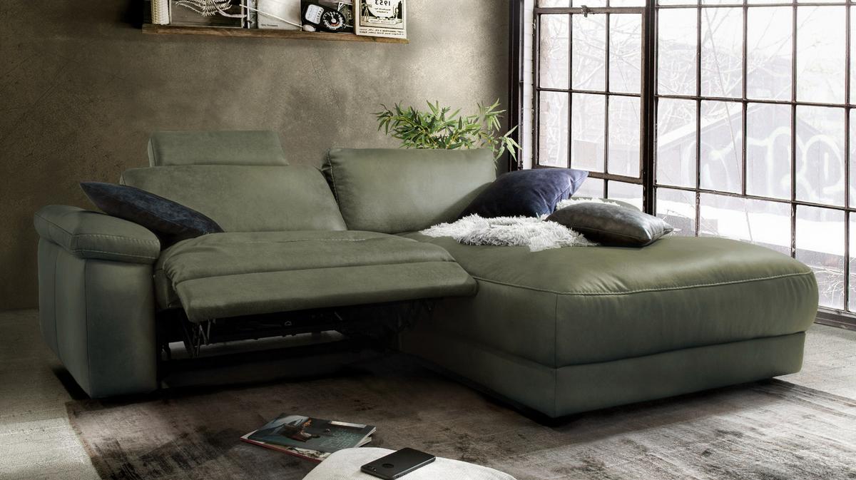 ECKSOFA MOTORISCHER RELAXFUNKTION LOLA Dunkelgrün Leder Relaxfunktion - Dunkelgrün/Schwarz, Leder (233/178cm) - KAWOLA