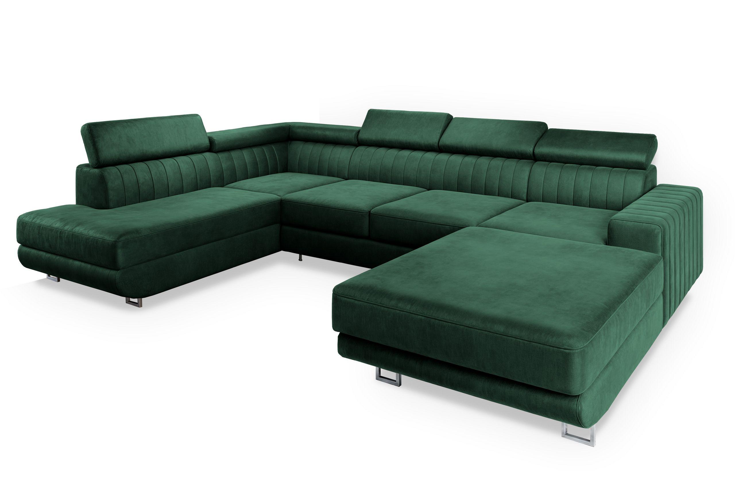 WOHNLANDSCHAFT SIENA L-S Grün Velours-Stoff mit Schlaffunktion - Silberfarben/Grün, Holz/Textil (335/89/190cm) - MASSENO