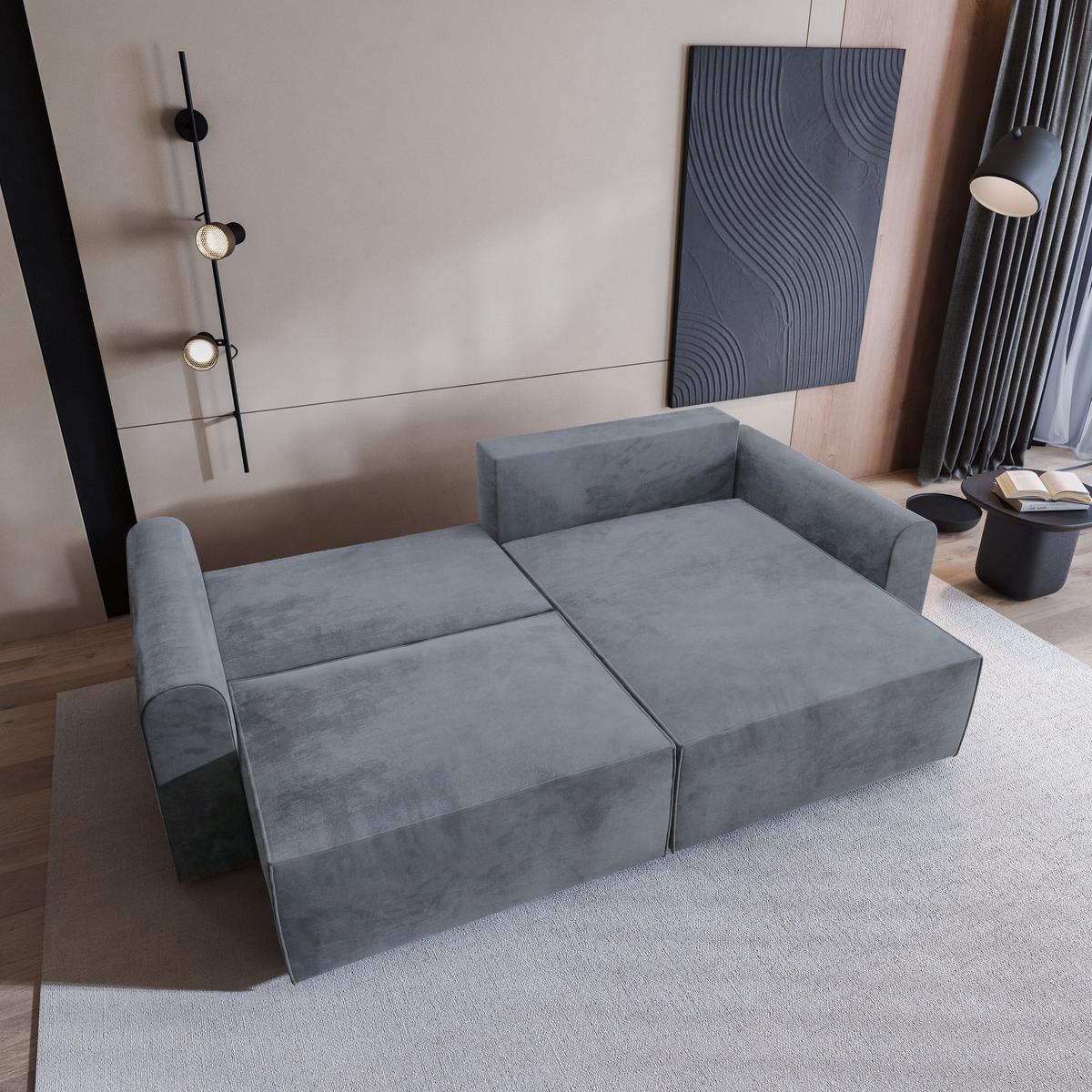 ECKSOFA FIANO M Grau Velours-Stoff mit Schlaffunktion - Grau, Holz/Kunststoff (245/148cm) - MASSENO