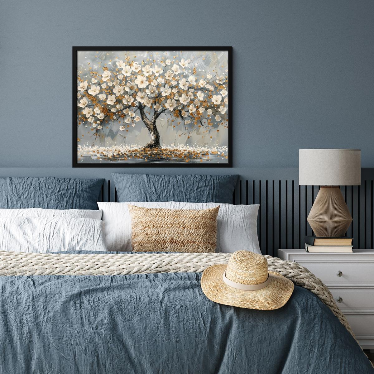 POSTER MIT RAHMENGERAHMTES BILD Baum - Blumen - Weiß - Natur - Kunst 80x60 cm - Weiß, Papier (80/60cm) - MuchoWow