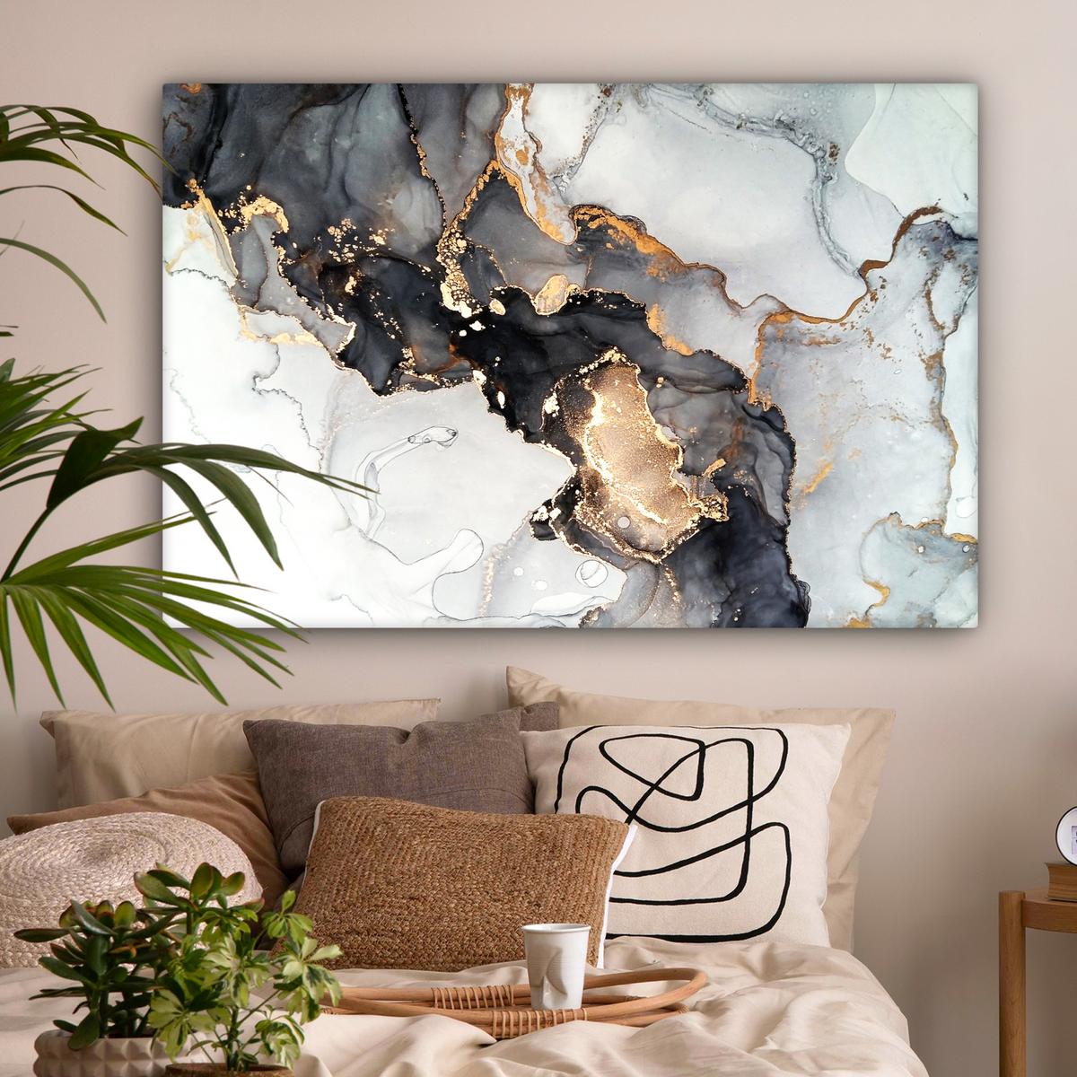 LEINWANDBILD Marmor - Schwarz - Weiß - Gold - Luxus - Abstrakt Groß 140x90 cm - Goldfarben, Textil (140/90cm) - MuchoWow