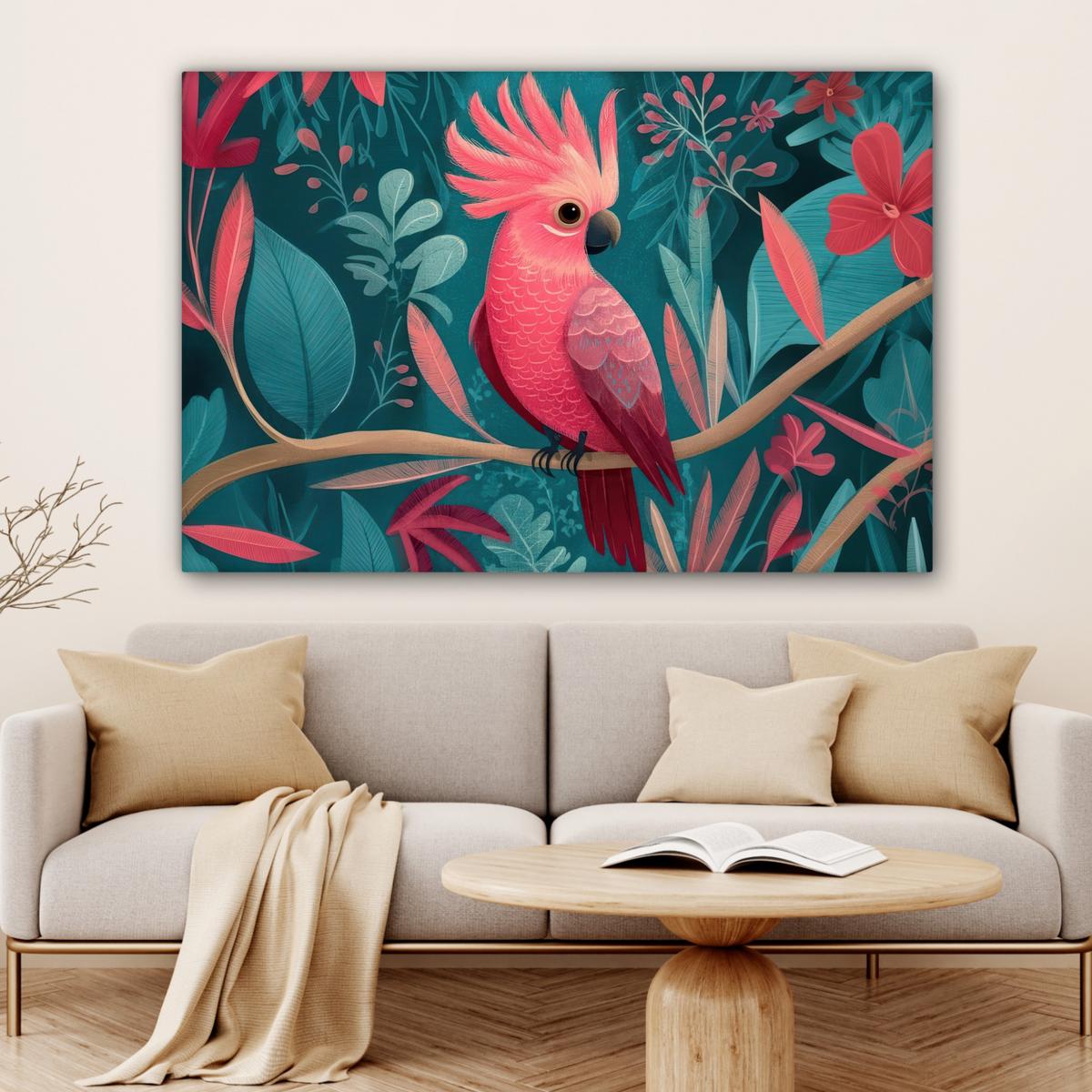 LEINWANDBILD Kakadu - Tropische Blätter - Zweig Wohnzimmer Groß 120x80 cm - Petrol, Textil (120/80cm) - MuchoWow