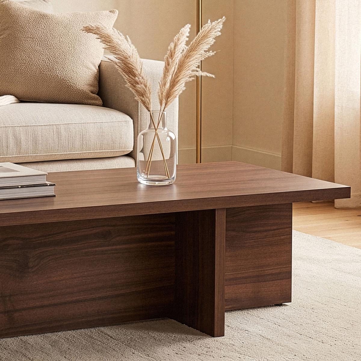 COUCHTISCH mit rechteckiger Platte und asymmetrischem Fuß L120 cm - HARBOR - Naturfarben, Holzwerkstoff (120/45/30cm) - Calicosy